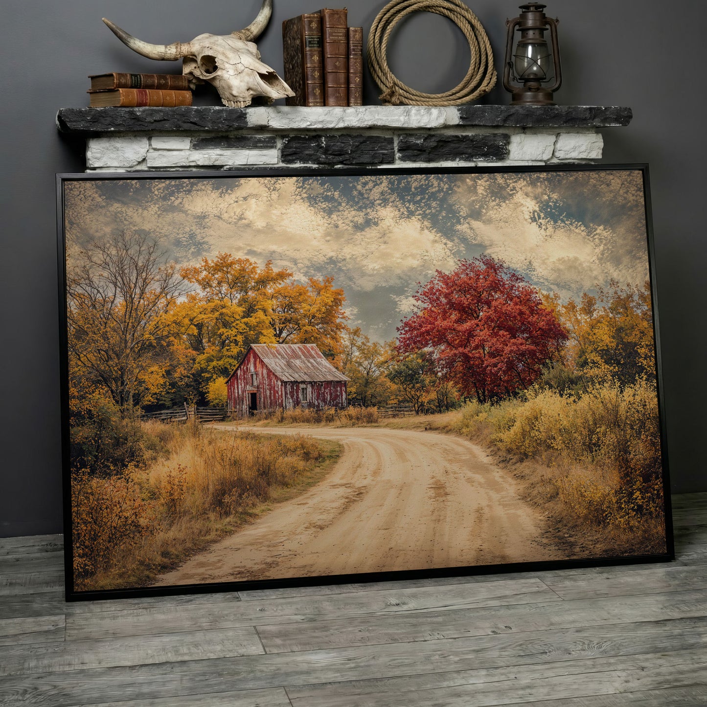 Red Barn in Autumn Foliage Canvas Wall Art in black floating frame