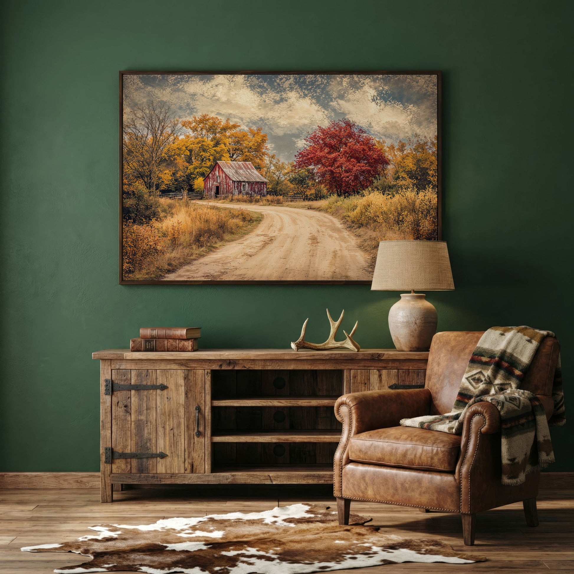 Red Barn in Autumn Foliage Canvas Wall Art in dark walnut floating frame