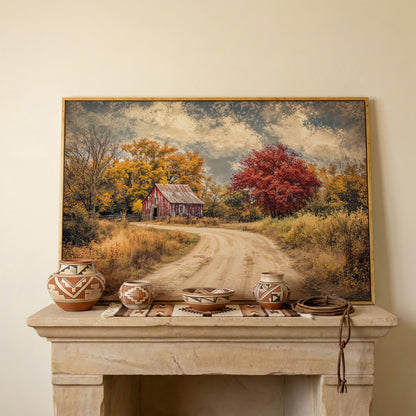 Red Barn in Autumn Foliage Canvas Wall Art in white oak floating frame