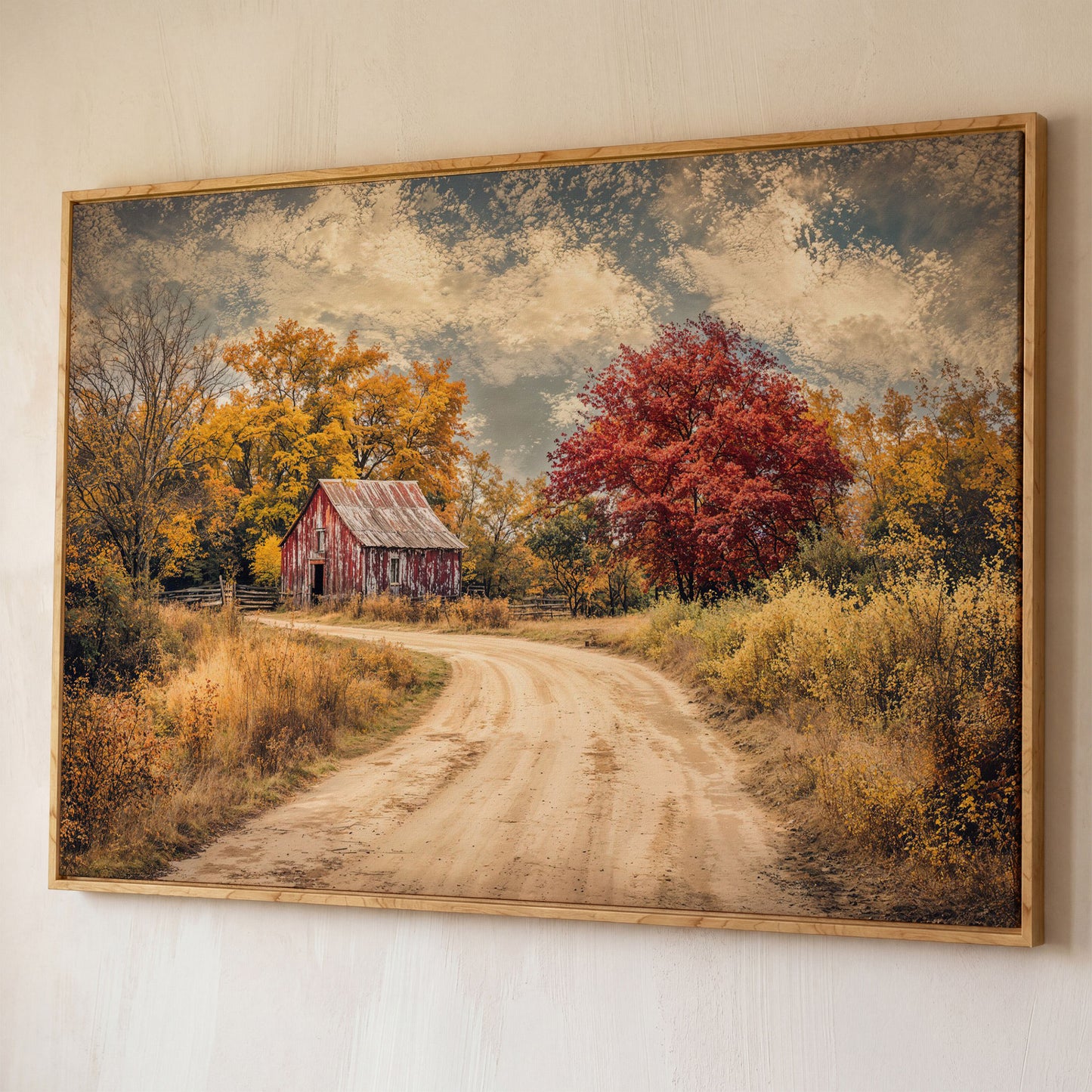 Red Barn in Autumn Foliage Canvas Wall Art shown in white oak floating frame