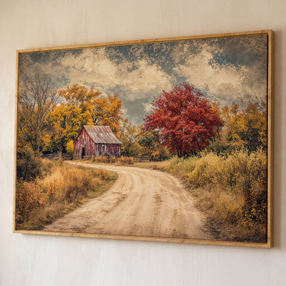 Red Barn in Autumn Foliage Canvas Wall Art shown in white oak floating frame