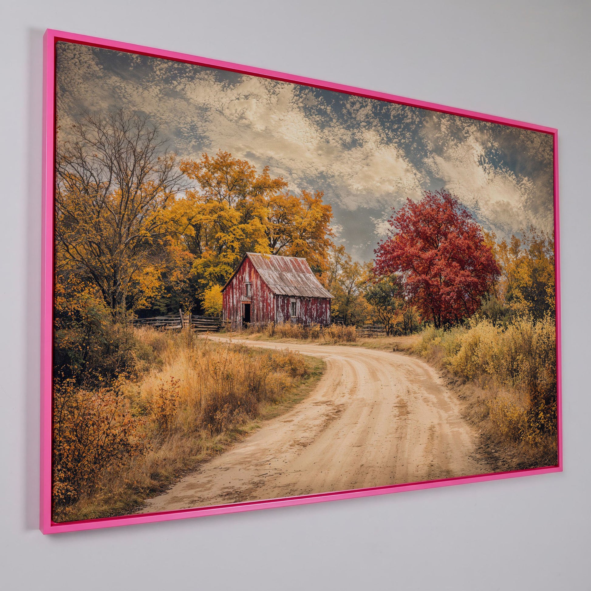 Red Barn in Autumn Foliage Canvas Wall Art in pink floating frame