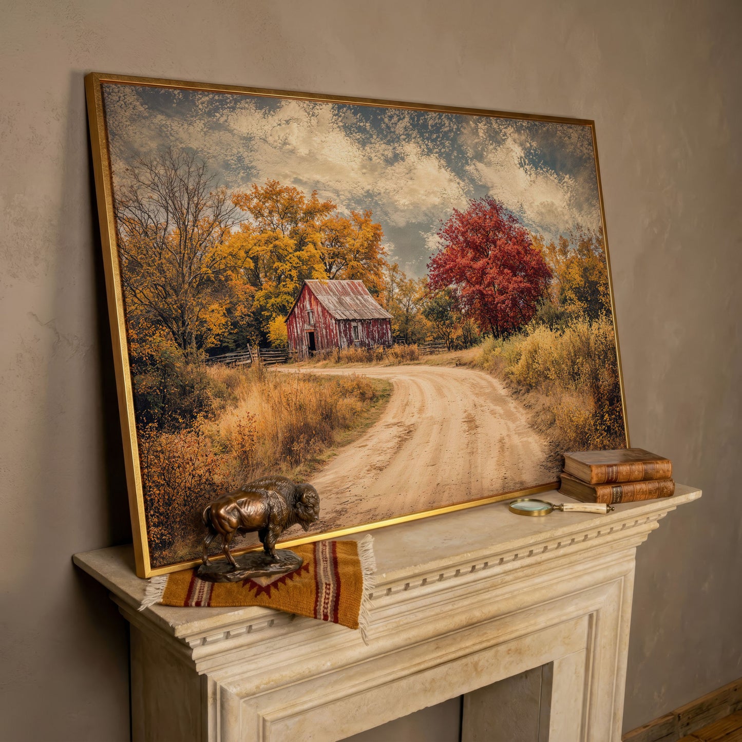 Red Barn in Autumn Foliage Canvas Wall Art in rose gold floating frame
