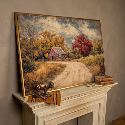 Red Barn in Autumn Foliage Canvas Wall Art in rose gold floating frame