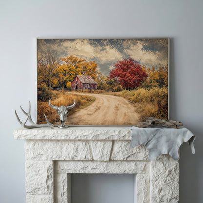 Red Barn in Autumn Foliage Canvas Wall Art in silver floating frame