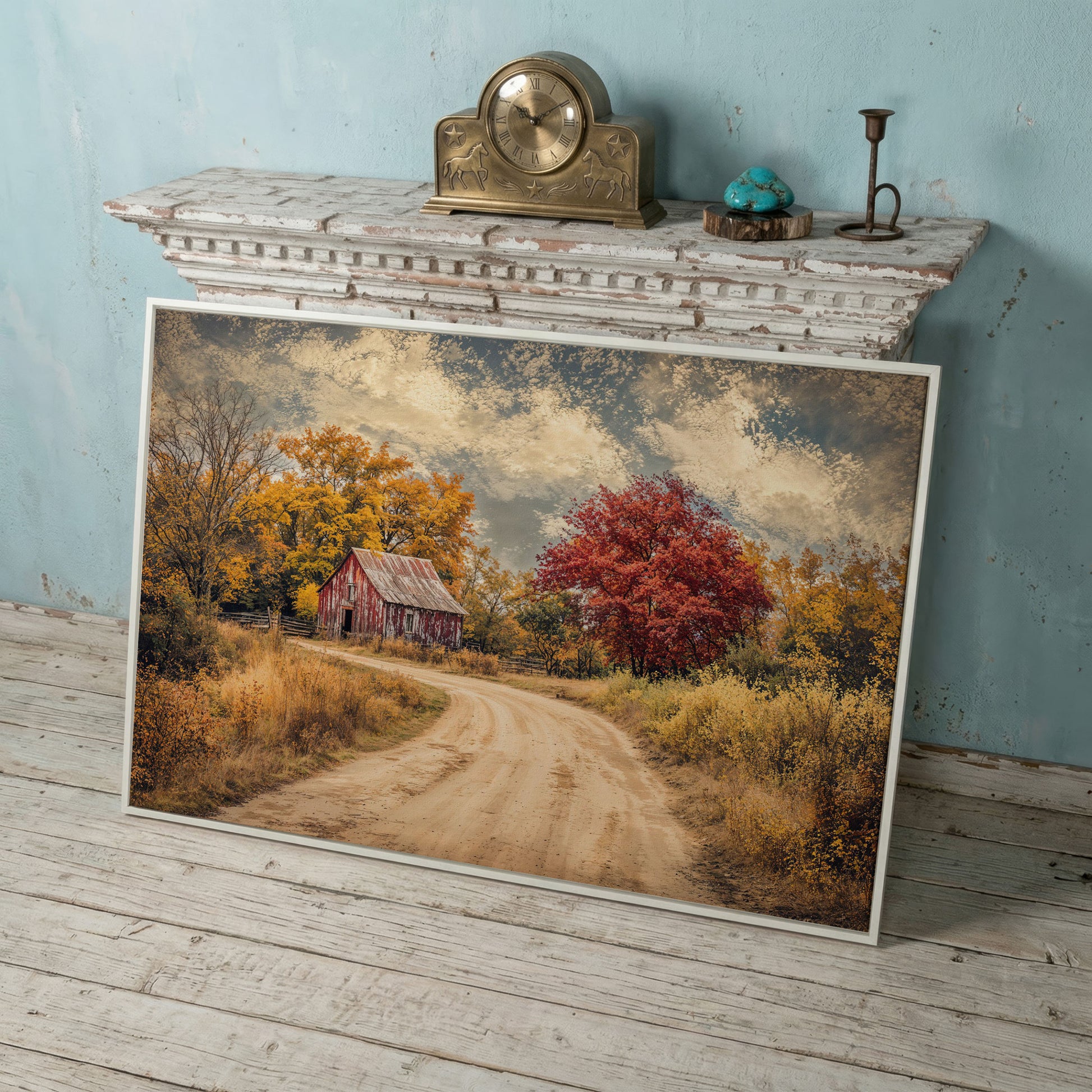 Red Barn in Autumn Foliage Canvas Wall Art in white floating frame