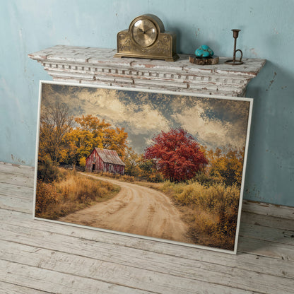 Red Barn in Autumn Foliage Canvas Wall Art in white floating frame