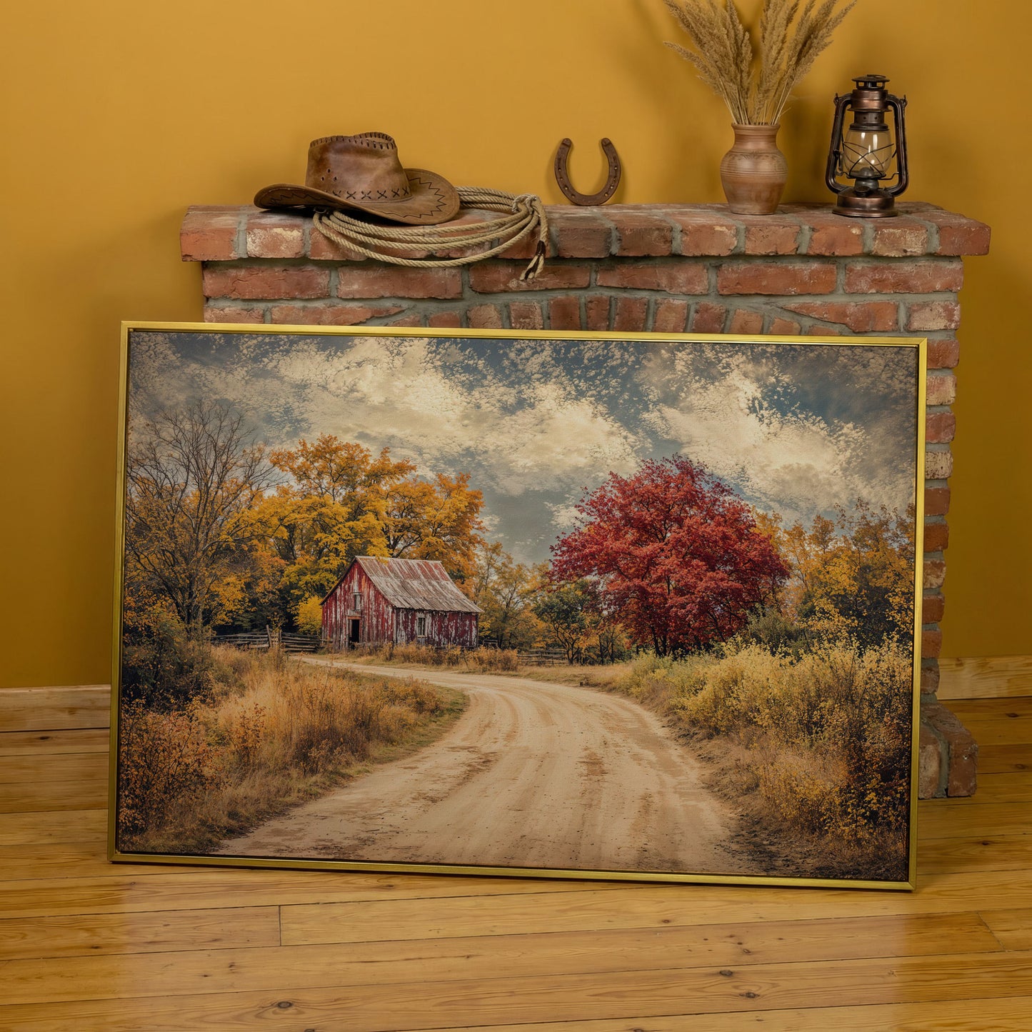 Red Barn in Autumn Foliage Canvas Wall Art in yellow gold floating frame