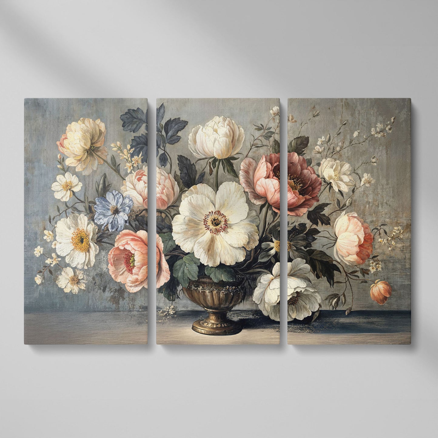 Peonies and Roses in an Ornate Vase, Floral Canvas Art as 3-panel split version