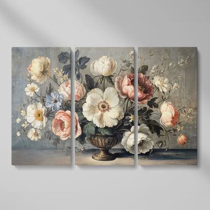 Peonies and Roses in an Ornate Vase, Floral Canvas Art as 3-panel split version