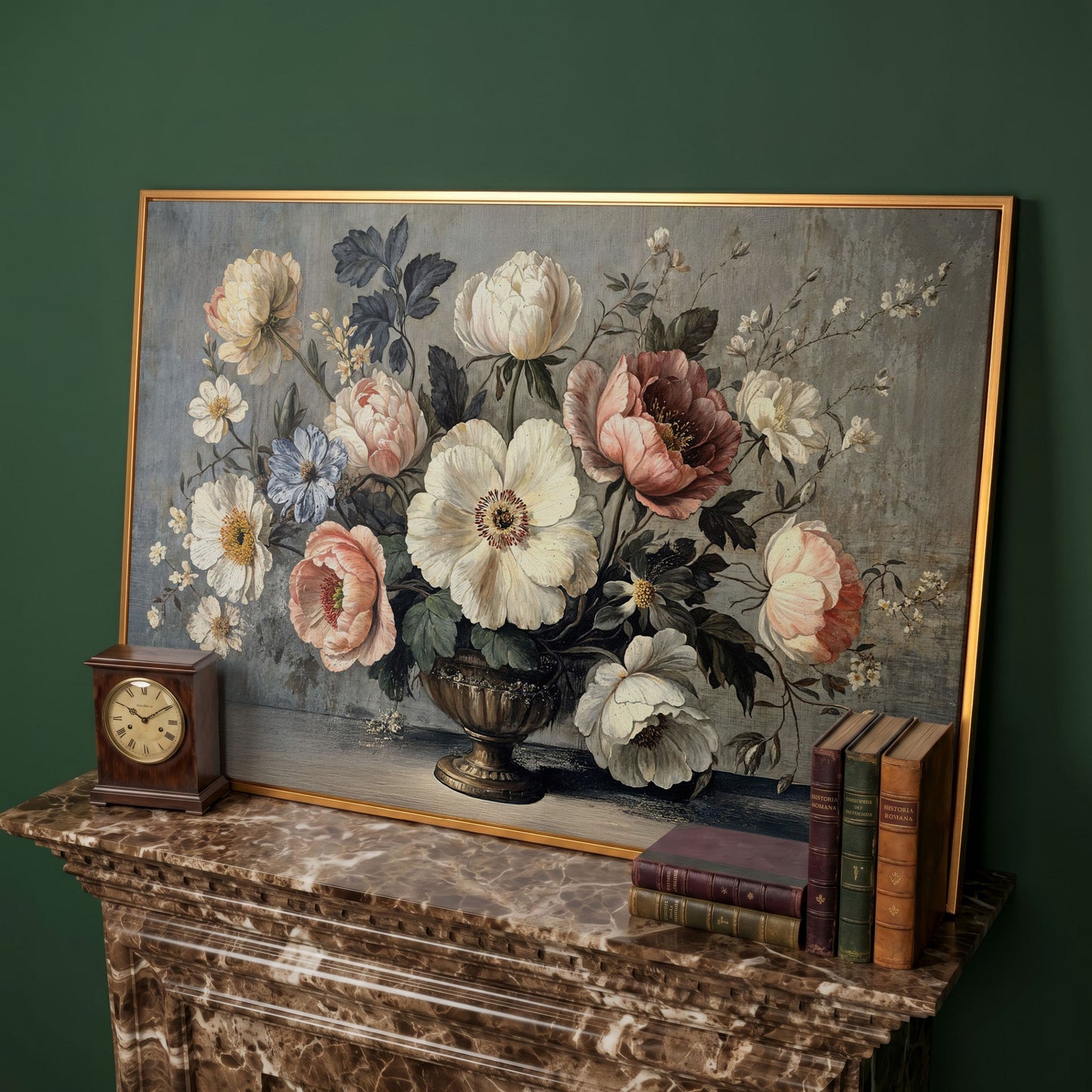 Peonies and Roses in an Ornate Vase, Floral Canvas Art in antique gold floating frame