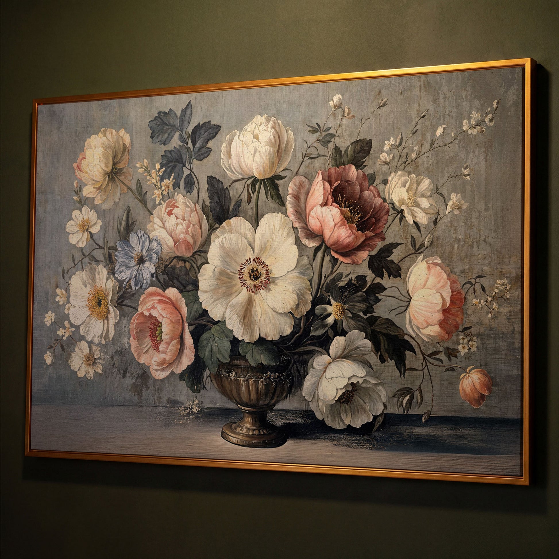Peonies and Roses in an Ornate Vase, Floral Canvas Art shown in antique gold floating frame
