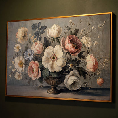 Peonies and Roses in an Ornate Vase, Floral Canvas Art shown in antique gold floating frame