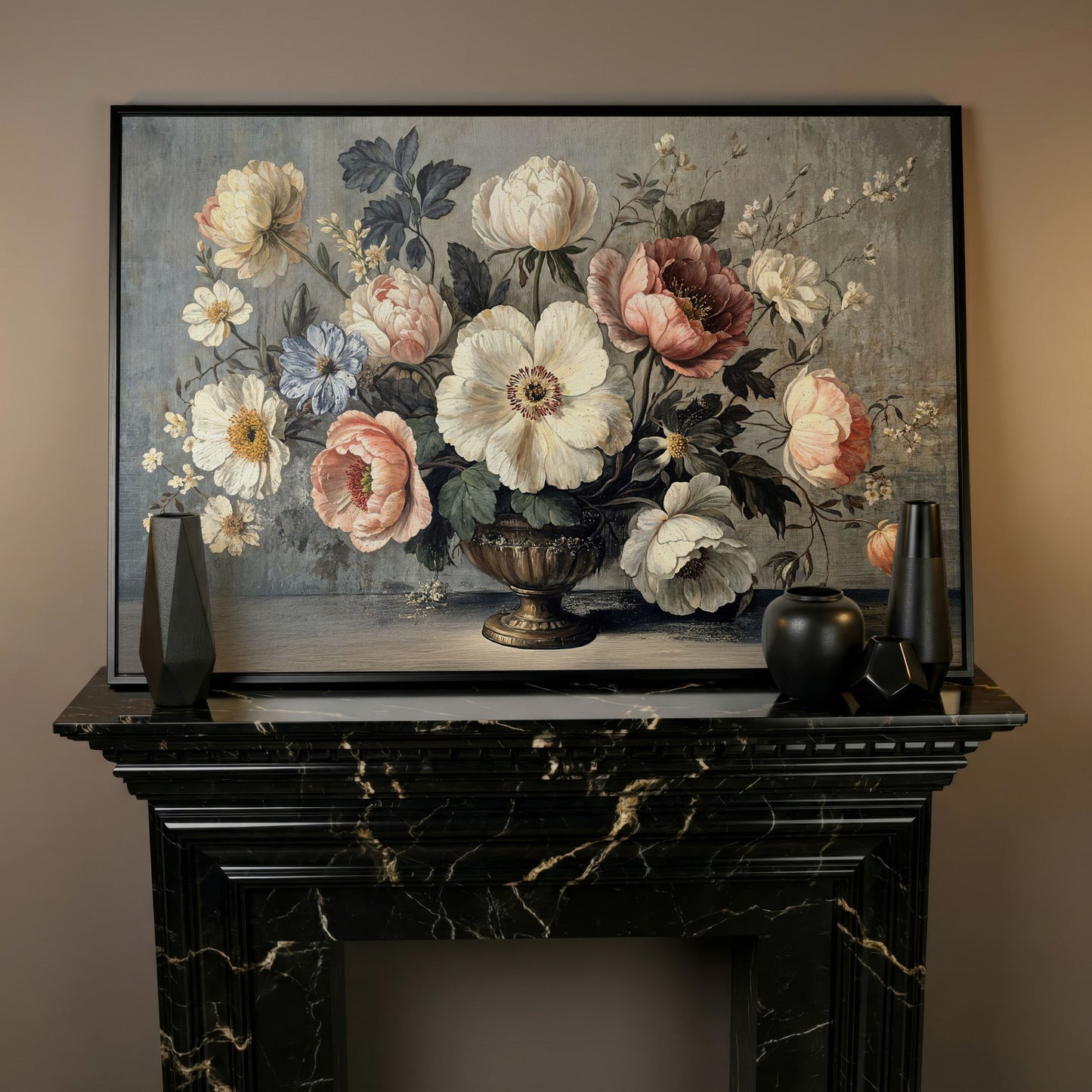 Peonies and Roses in an Ornate Vase, Floral Canvas Art in black floating frame