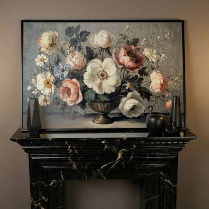 Peonies and Roses in an Ornate Vase, Floral Canvas Art in black floating frame