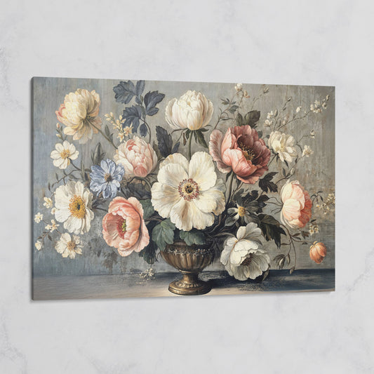 Peonies and Roses in an Ornate Vase, Floral Canvas Art on gallery wrap