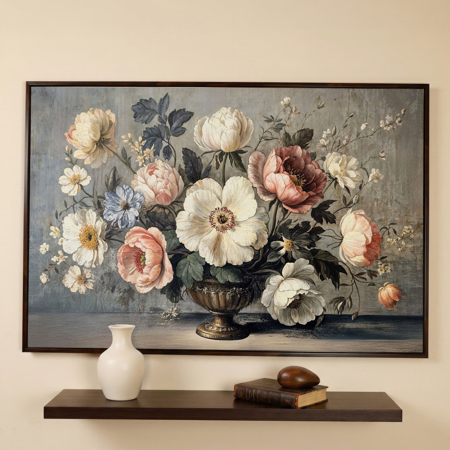 Peonies and Roses in an Ornate Vase, Floral Canvas Art in dark walnut floating frame