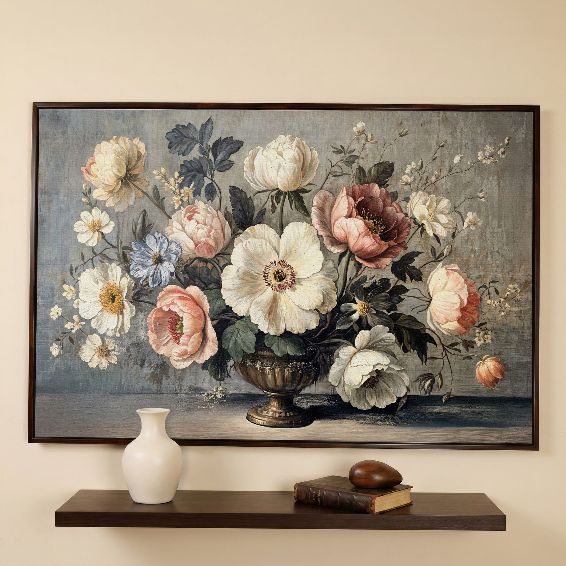 Peonies and Roses in an Ornate Vase, Floral Canvas Art in dark walnut floating frame