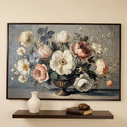 Peonies and Roses in an Ornate Vase, Floral Canvas Art in dark walnut floating frame