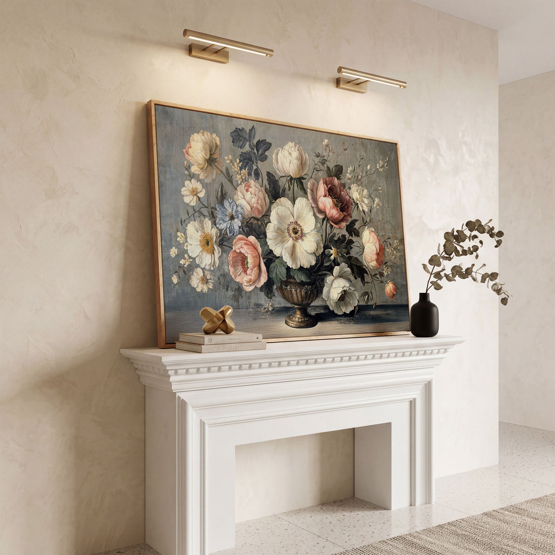 Peonies and Roses in an Ornate Vase, Floral Canvas Art in white oak floating frame