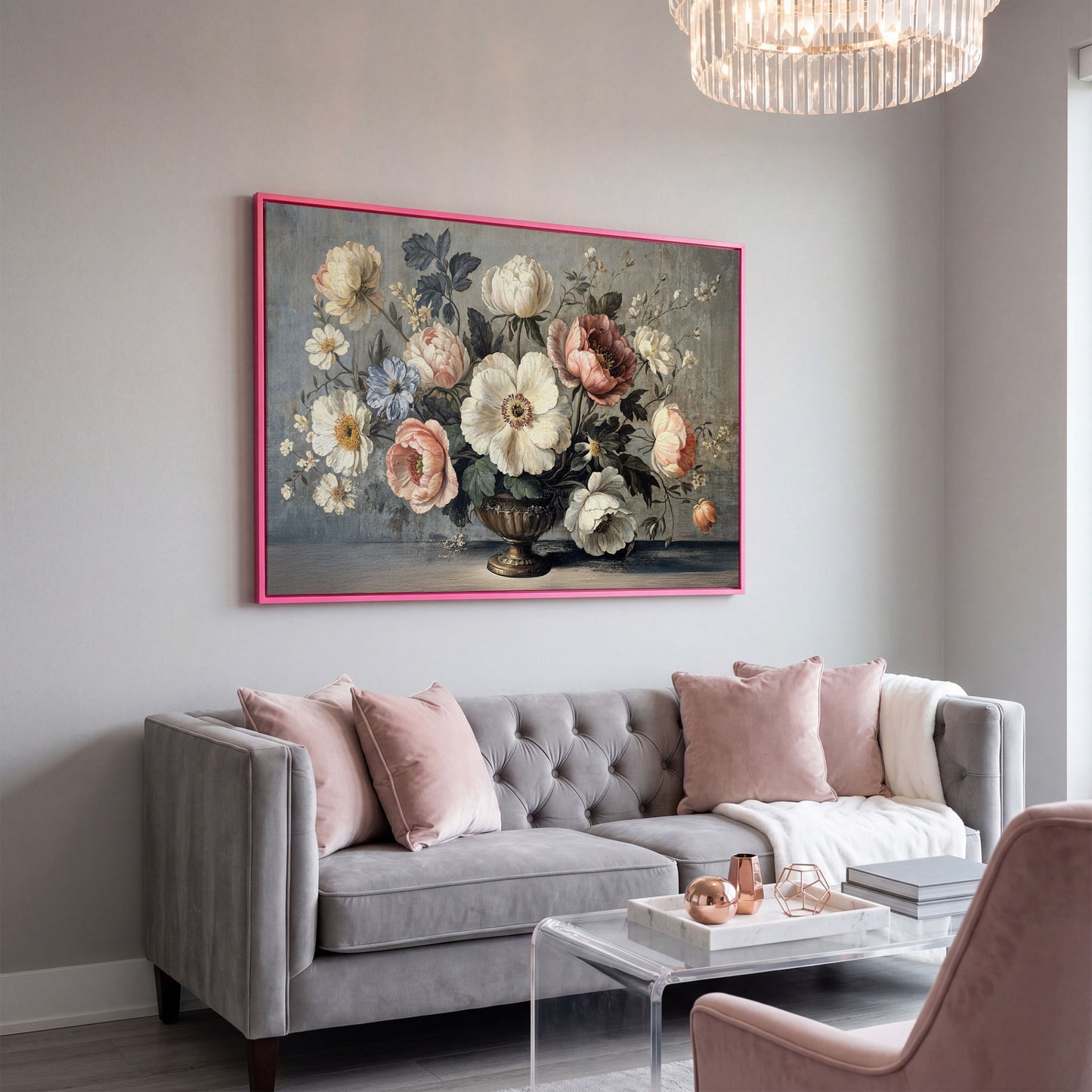 Peonies and Roses in an Ornate Vase, Floral Canvas Art in pink floating frame