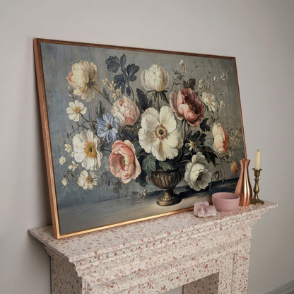 Peonies and Roses in an Ornate Vase, Floral Canvas Art in rose gold floating frame