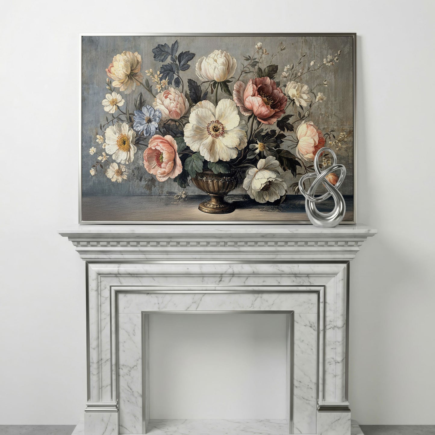 Peonies and Roses in an Ornate Vase, Floral Canvas Art in silver floating frame