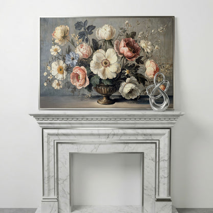 Peonies and Roses in an Ornate Vase, Floral Canvas Art in silver floating frame