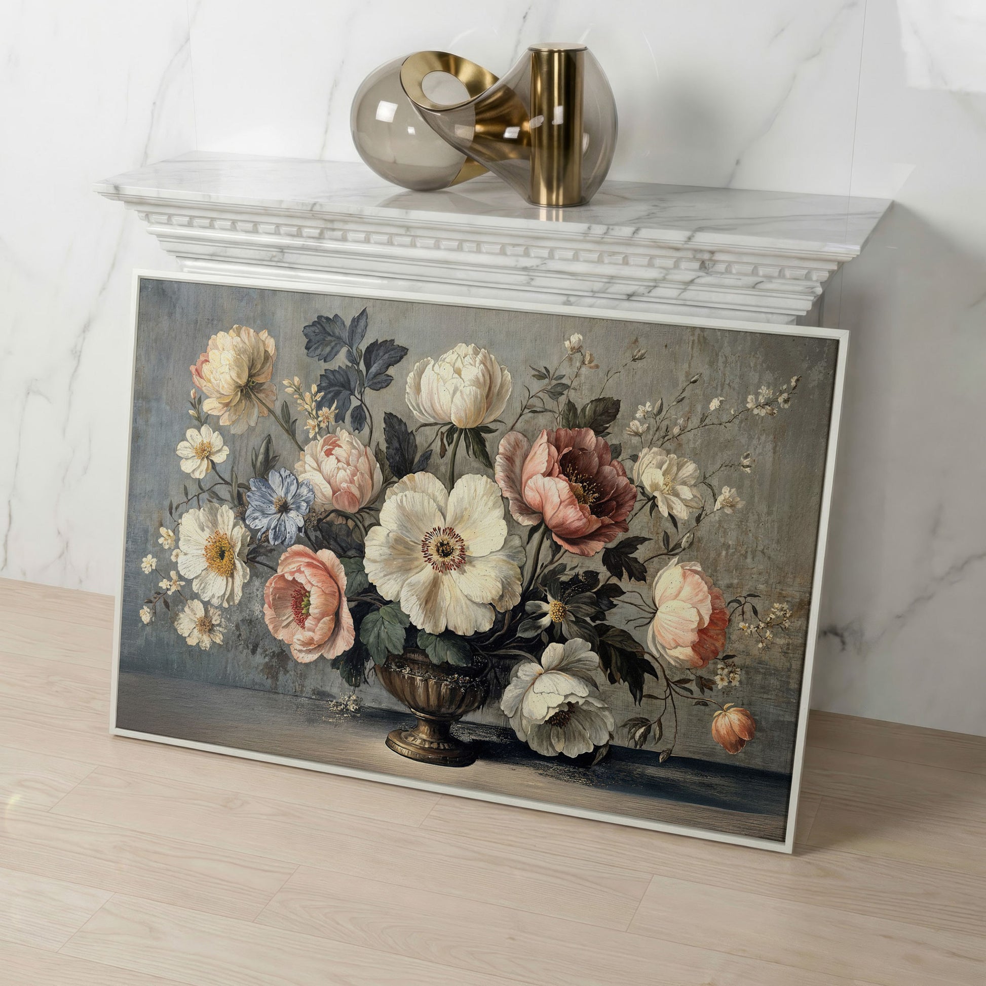 Peonies and Roses in an Ornate Vase, Floral Canvas Art in white floating frame