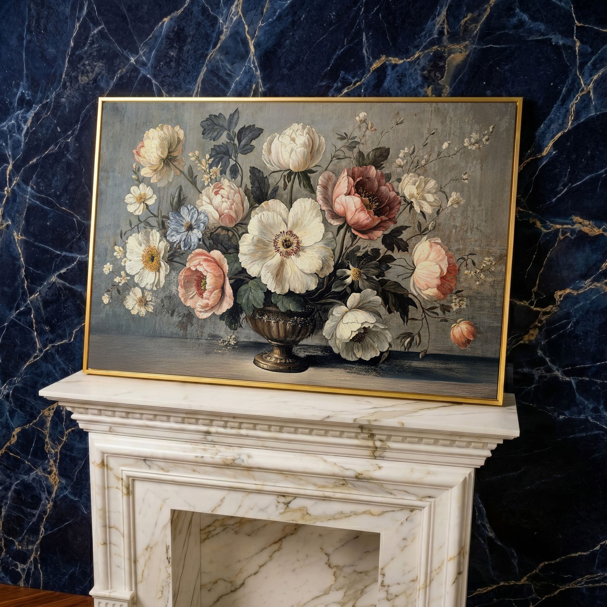 Peonies and Roses in an Ornate Vase, Floral Canvas Art in yellow gold floating frame