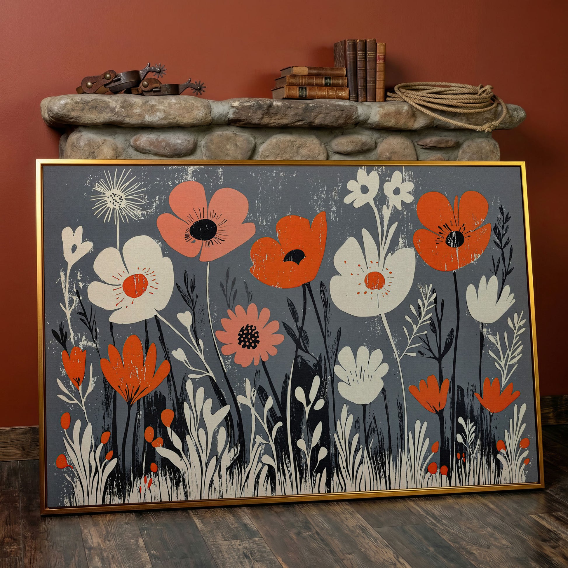 Wildflower Field Canvas Wall Art, Botanical Floral Print in antique gold floating frame