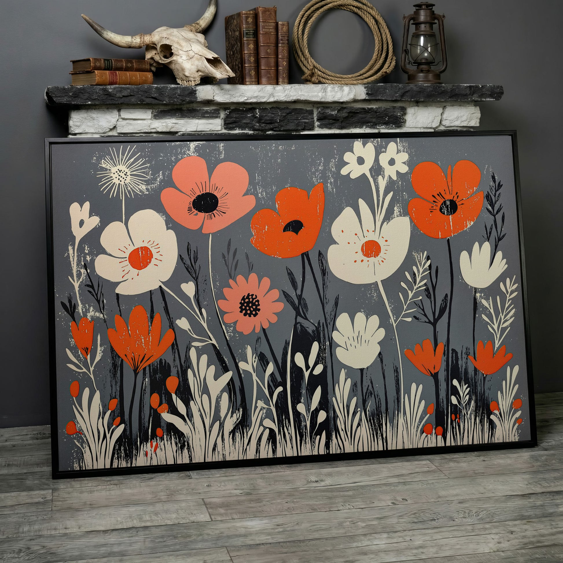 Wildflower Field Canvas Wall Art, Botanical Floral Print in black floating frame