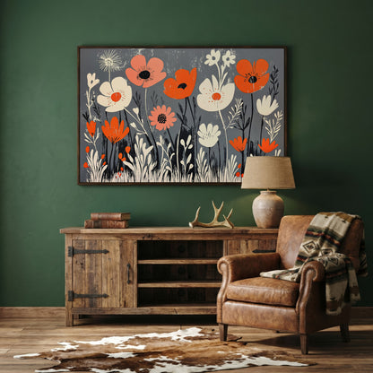 Wildflower Field Canvas Wall Art, Botanical Floral Print in dark walnut floating frame