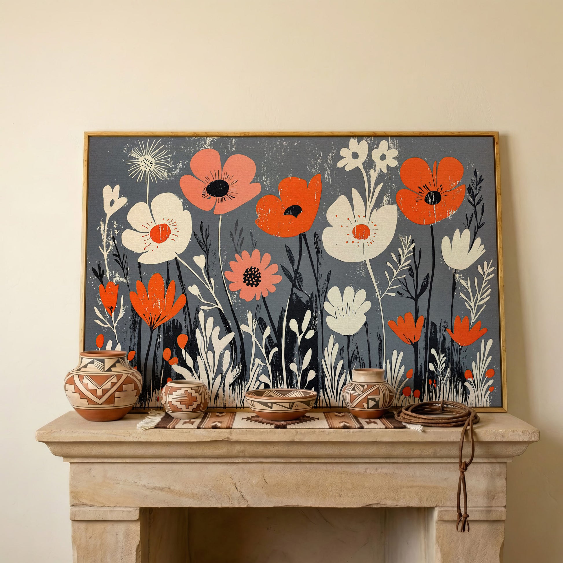 Wildflower Field Canvas Wall Art, Botanical Floral Print in white oak floating frame