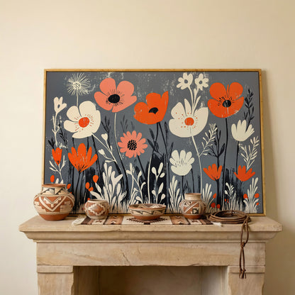 Wildflower Field Canvas Wall Art, Botanical Floral Print in white oak floating frame