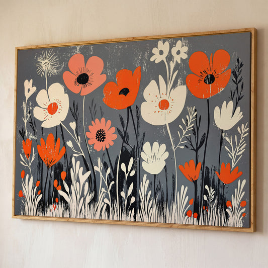 Wildflower Field Canvas Wall Art, Botanical Floral Print shown in white oak floating frame