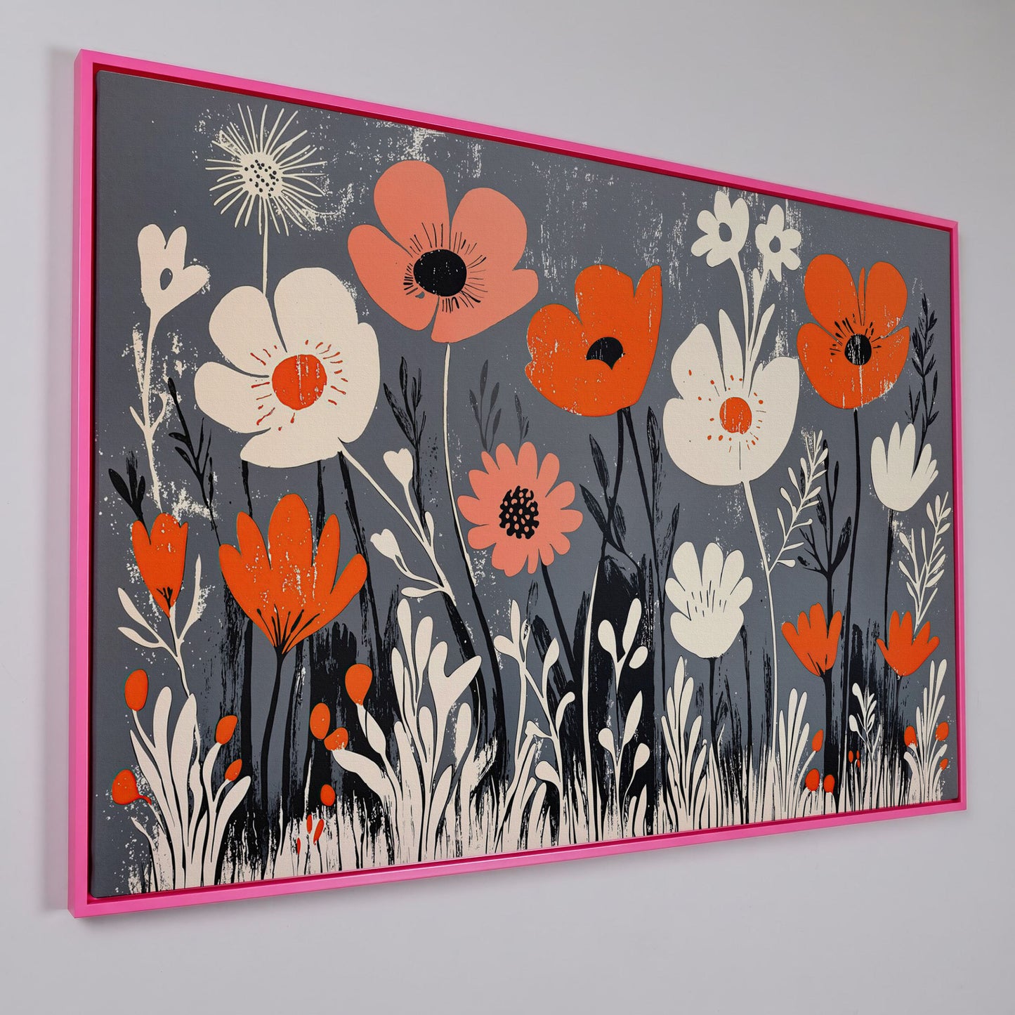 Wildflower Field Canvas Wall Art, Botanical Floral Print in pink floating frame