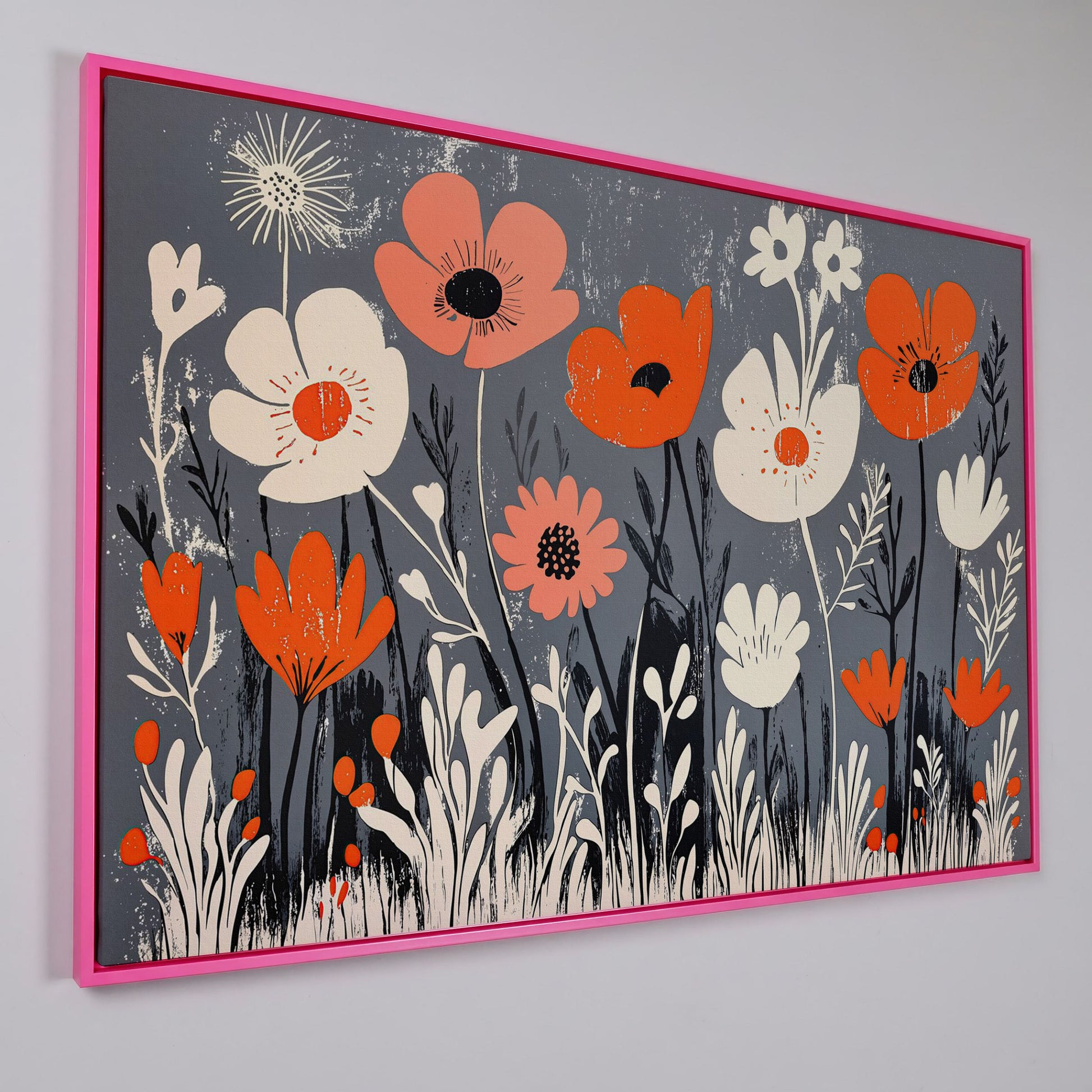 Wildflower Field Canvas Wall Art, Botanical Floral Print in pink floating frame