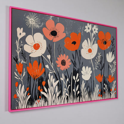 Wildflower Field Canvas Wall Art, Botanical Floral Print in pink floating frame