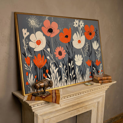 Wildflower Field Canvas Wall Art, Botanical Floral Print in rose gold floating frame
