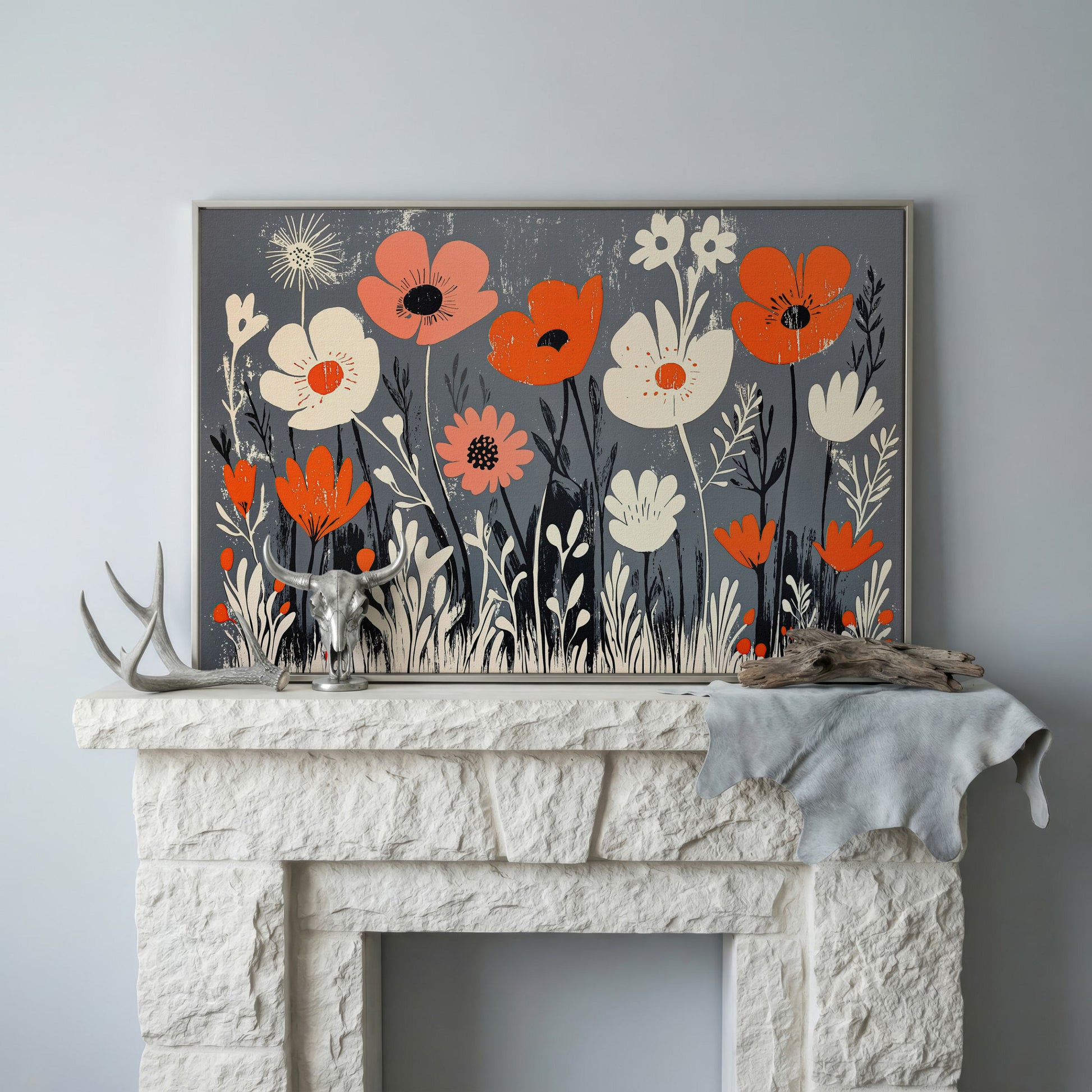Wildflower Field Canvas Wall Art, Botanical Floral Print in silver floating frame