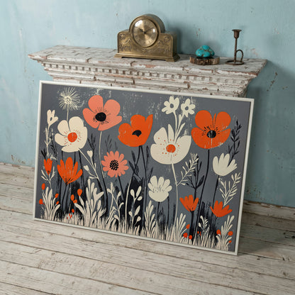Wildflower Field Canvas Wall Art, Botanical Floral Print in white floating frame