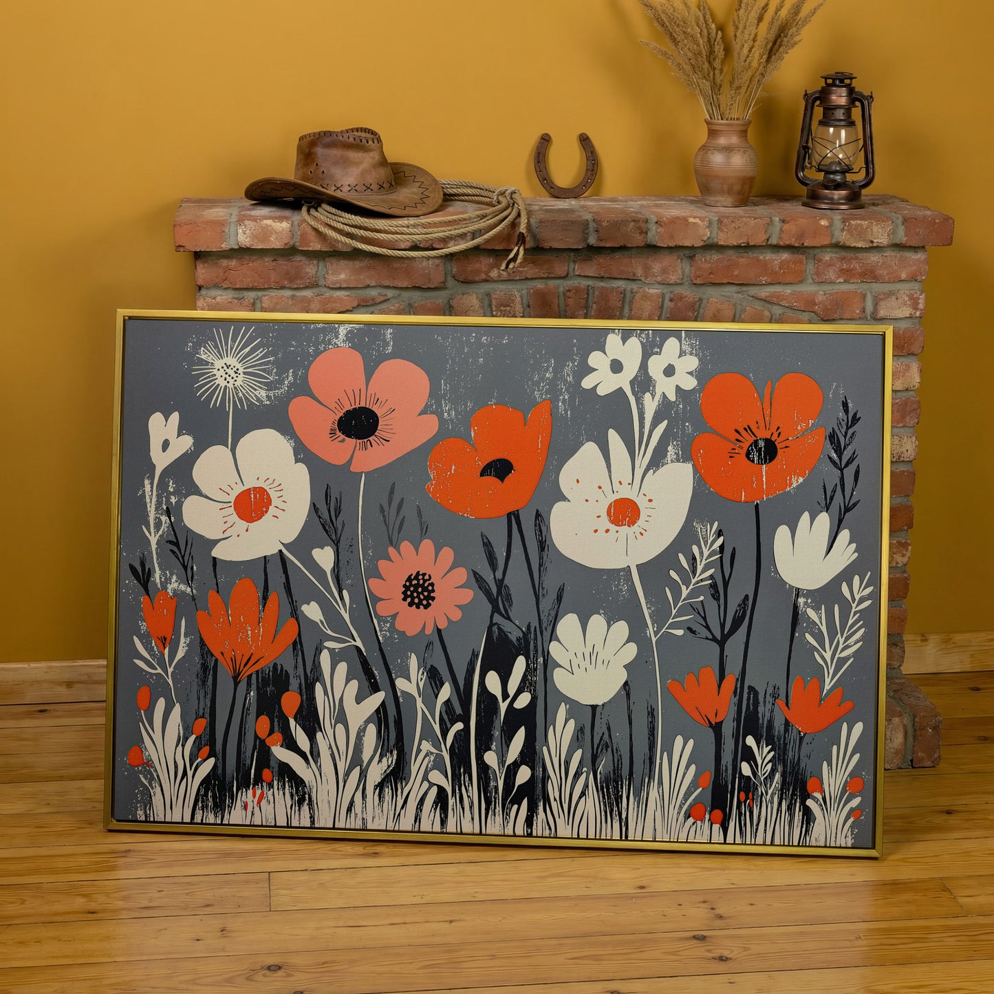 Wildflower Field Canvas Wall Art, Botanical Floral Print in yellow gold floating frame