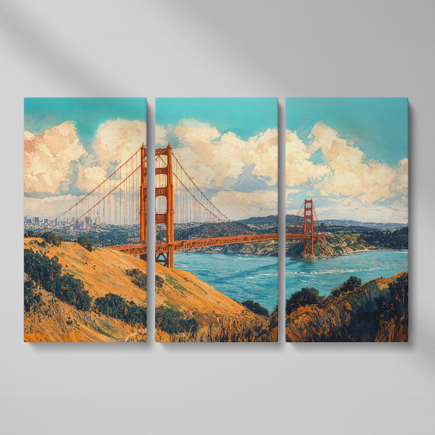 Golden Gate Bridge Vintage Coastal Canvas as 3-panel split version