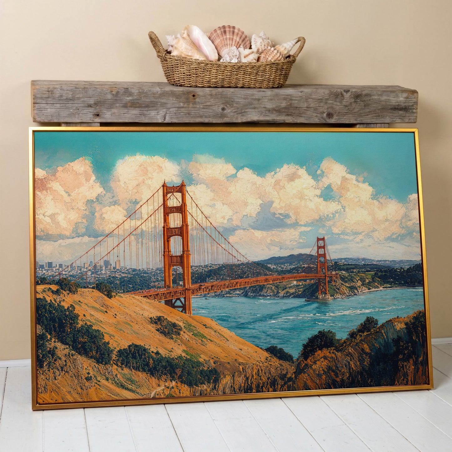 Golden Gate Bridge Vintage Coastal Canvas in antique gold floating frame
