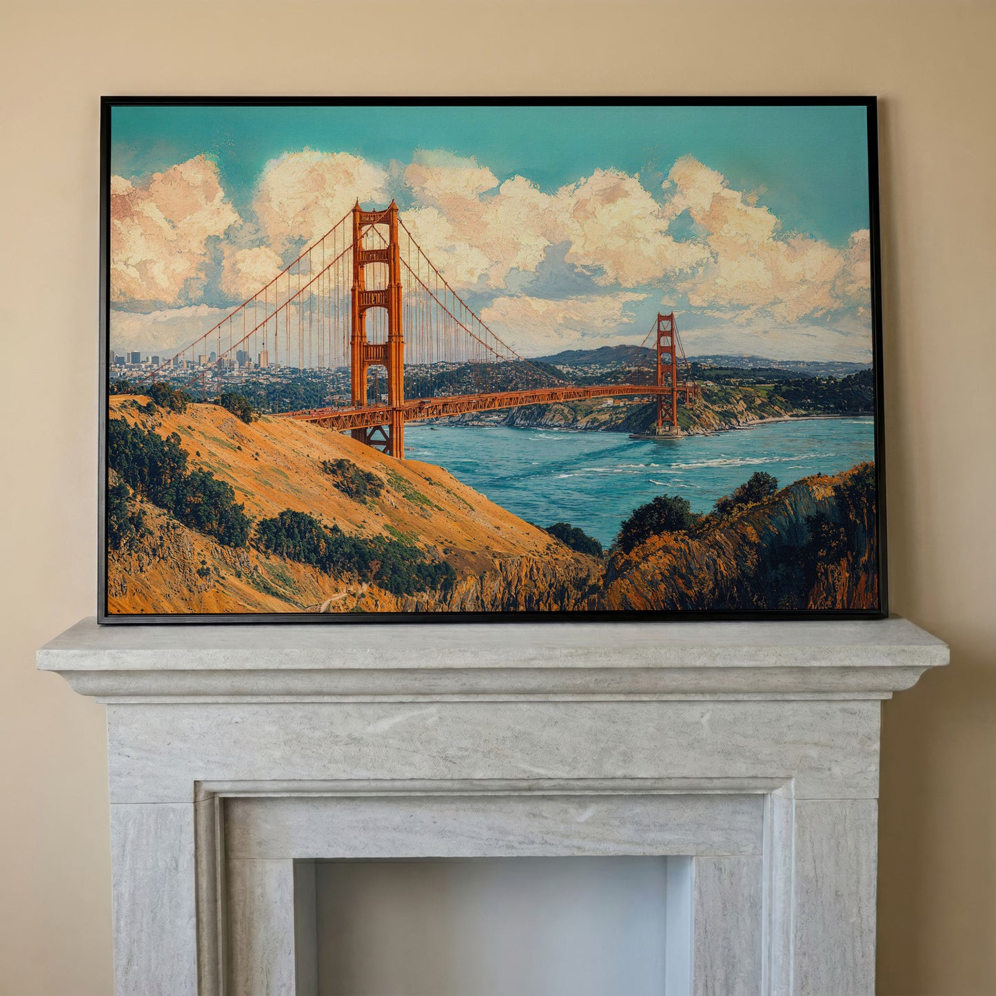 Golden Gate Bridge Vintage Coastal Canvas in black floating frame