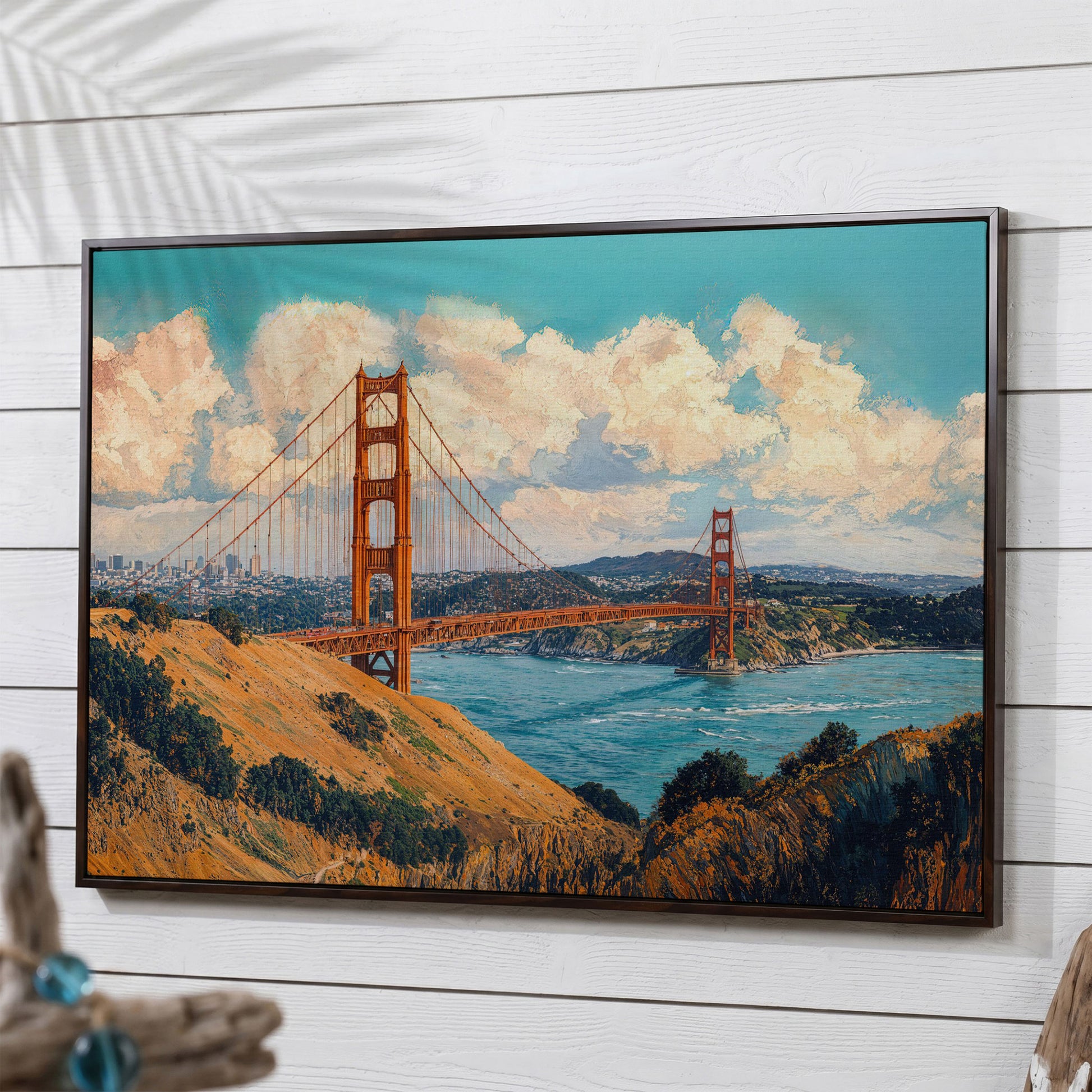Golden Gate Bridge Vintage Coastal Canvas in dark walnut floating frame