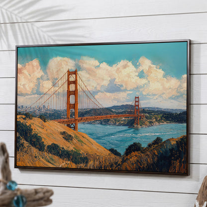Golden Gate Bridge Vintage Coastal Canvas in dark walnut floating frame