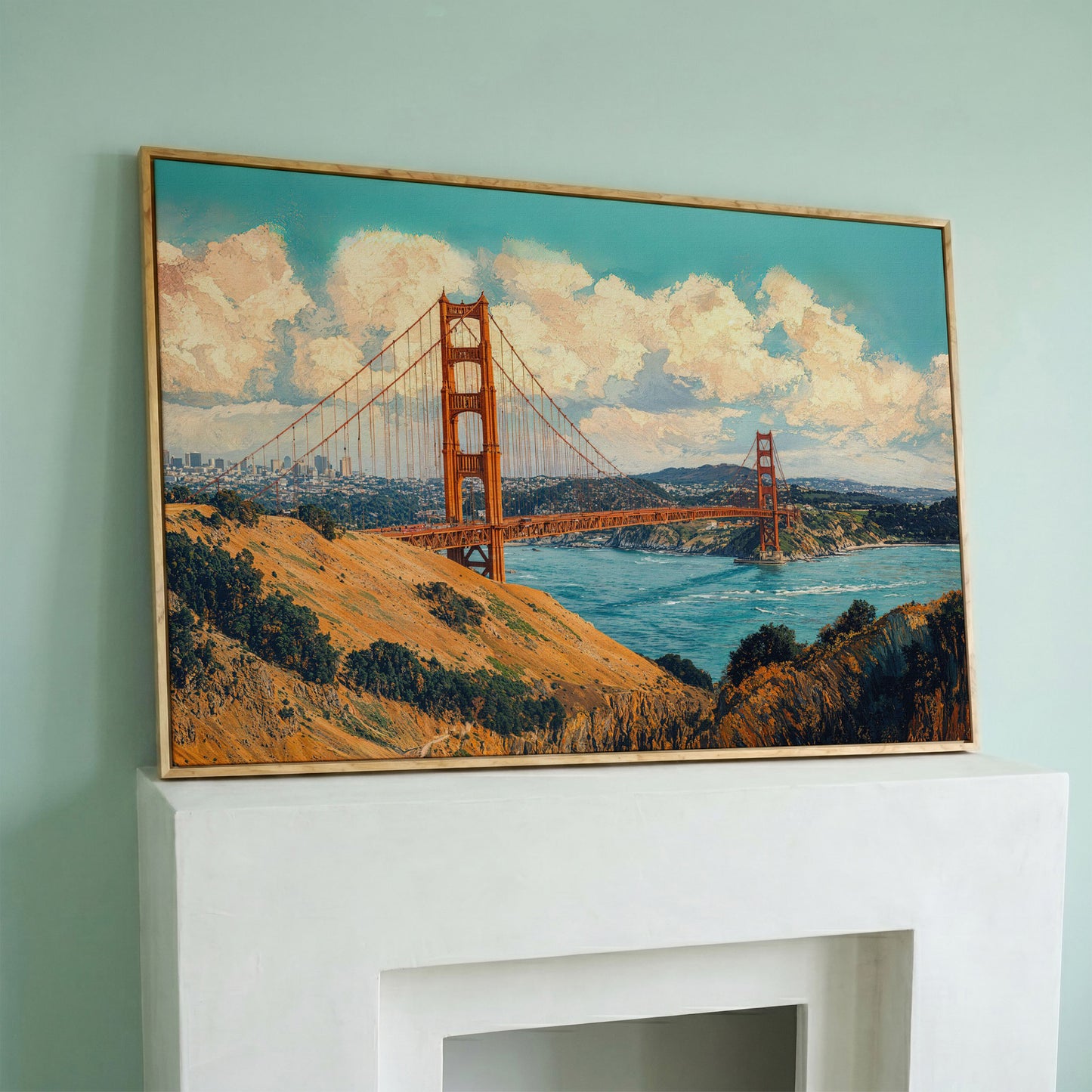 Golden Gate Bridge Vintage Coastal Canvas in white oak floating frame