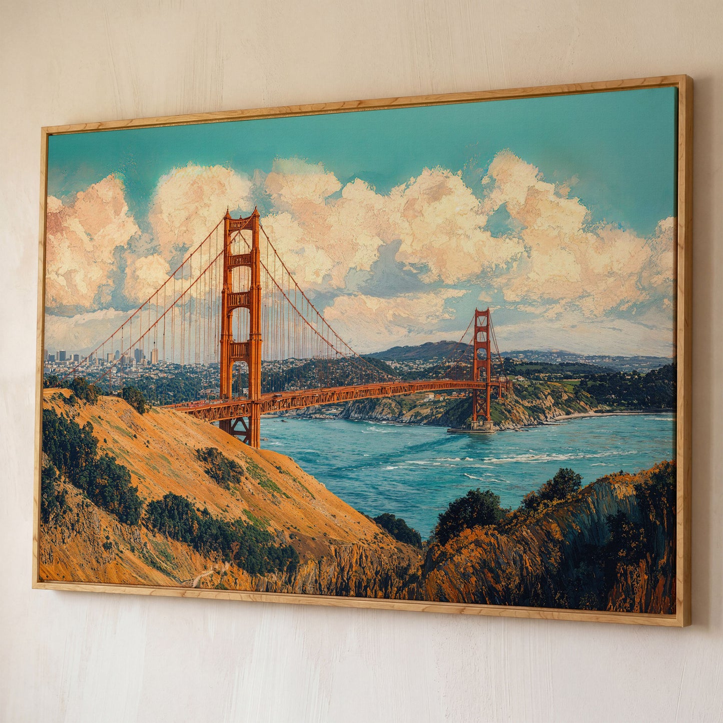 Golden Gate Bridge Vintage Coastal Canvas shown in white oak floating frame